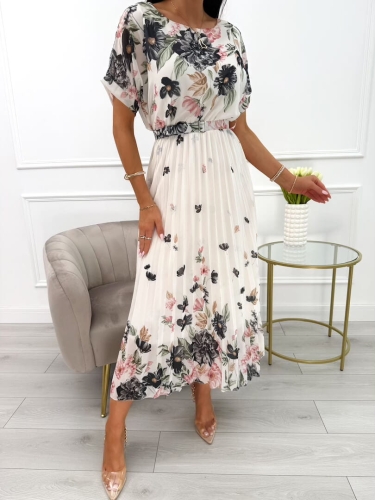 Czarno-Kremowa Sukienka z Motywem Kwiatowym i Paskiem 13961-80-A