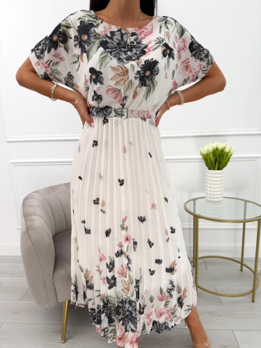 Czarno-Kremowa Sukienka z Motywem Kwiatowym i Paskiem 13961-80-A