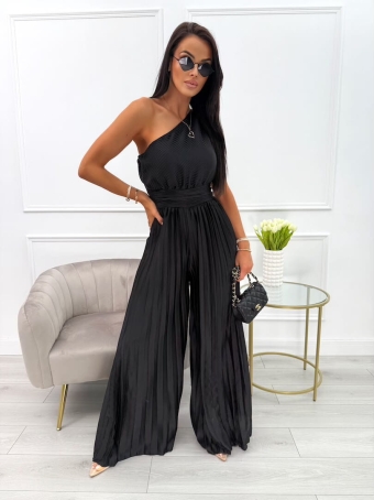 Czarny Plisowany Kombinezon na Jedno Ramię 13955-290-B