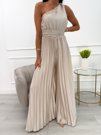 Beżowy Plisowany Kombinezon na Jedno Ramię 13955-290-A