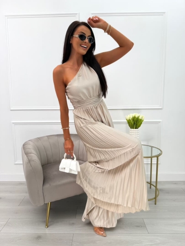 Beżowy Plisowany Kombinezon na Jedno Ramię 13955-290-A