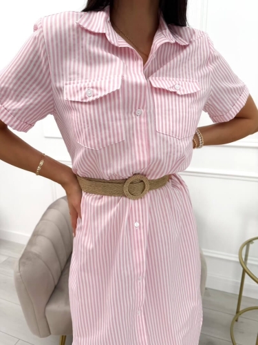 Pudrowa-Biała Sukienka w Paski  13975-102-D