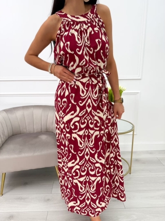 Bordowa Sukienka Maxi w Beżowy Wzór z Paskiem 14019-233-A