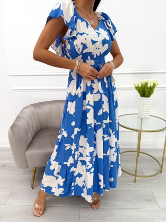 Niebieska Sukienka w Beżowy Wzór 14023-90-D