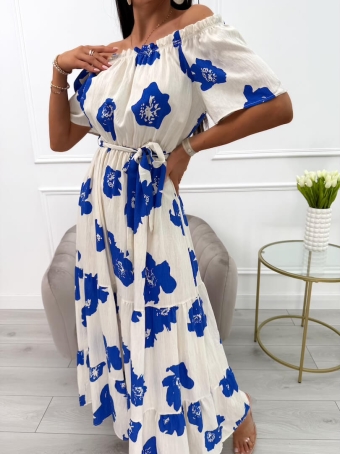 Kobaltowo-Beżowa Sukienka Hiszpanka w Kwiaty 14024-131-C