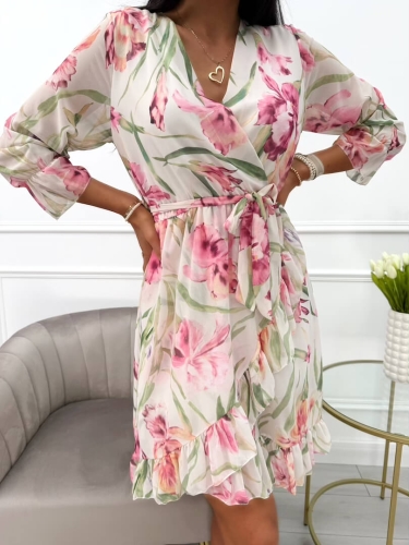 Kremowo-Pudrowa Sukienka w Roślinny Wzór z Falbanką 13849-403-B