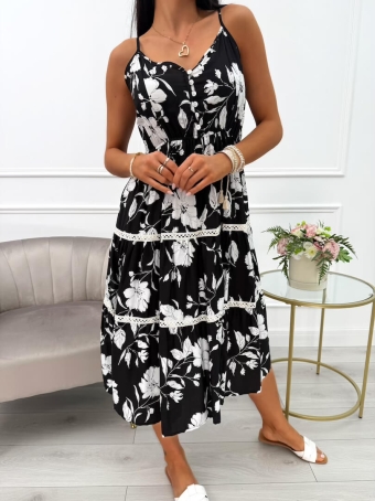 Czarna Sukienka w Kwiaty z Ozdobnym Haftem 14018-338-B