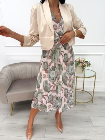 Kremowa Sukienka w Zielone Kwiaty z Narzutką 13803-224-D