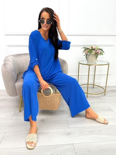 Granatowy Komplet Bluzka + Spodnie z Szeroką Nogawką 14071-08-C