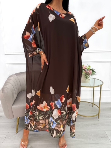 Czekoladowa Szyfonowa Sukienka Oversize w Kwiaty 14075-12-B