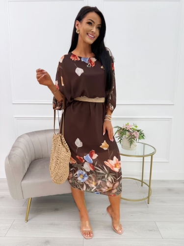 Czekoladowa Szyfonowa Sukienka Oversize w Kwiaty 14075-12-B