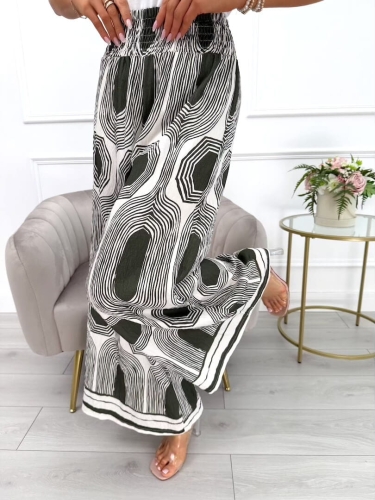 Zielono-Kremowe Spodnie z Szeroką Nogawką  14083-134-B