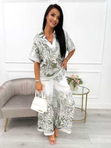 Zielono-Kremowy Komplet Bluzka z Kołnierzykiem + Spodnie 14092-246-C