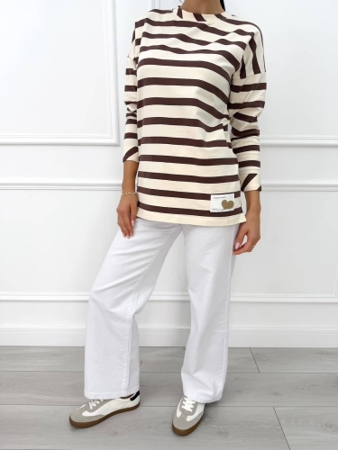 Beżowa Bluzka w Brązowe Paski  14264-309-B