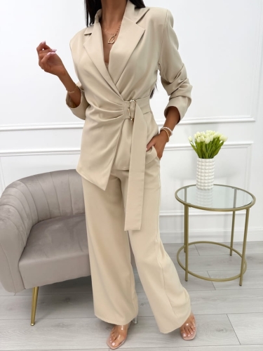 Beżowy Komplet Marynarka + Spodnie 13778-207-F