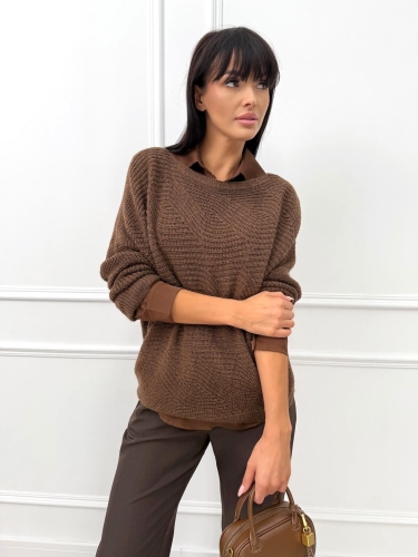 Czekoladowy Ażurowy Sweterek Nietoperz 14302-138-C