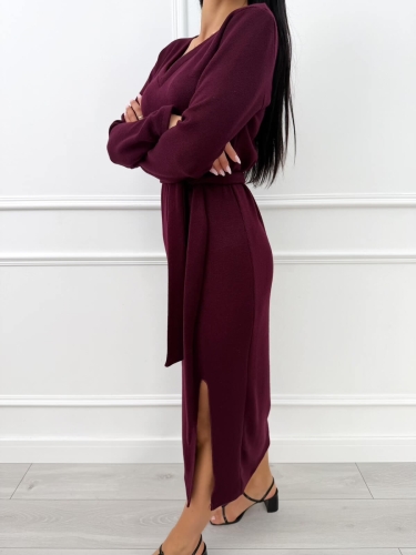 Burgundowa Sweterkowa Sukienka z Dekoltem V  14355-122-A