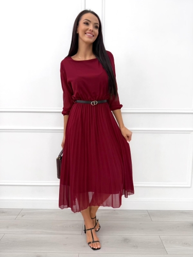 Bordowa Plisowana Sukienka z Paskiem 11651-57-H