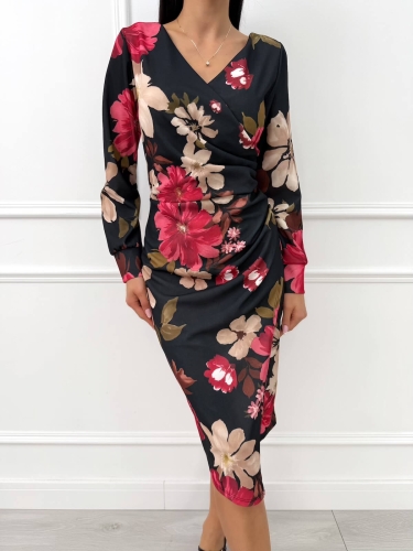 Kwiecista Kopertowa Sukienka z Marszczeniem  14387-123-Q