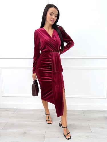 Bordowa Welurowa Kopertowa Sukienka z Marszczeniem 14405-99-A
