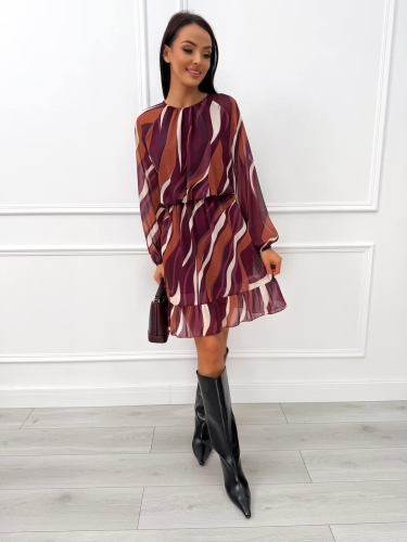 Burgundowa Wzorzysta Sukienka z Falbanką 14415-326-B