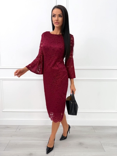 Bordowa Koronkowa Sukienka Midi z Rozszerzanym Rękawem 14435-234-A