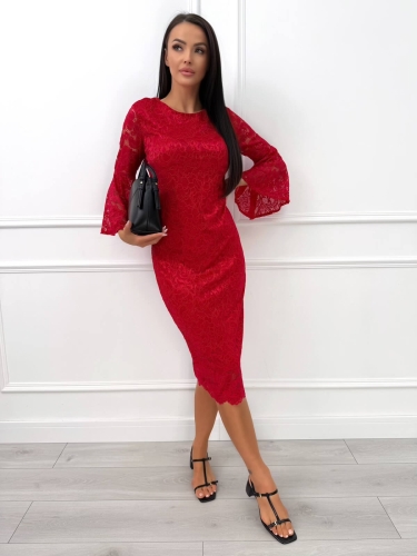Czerwona Koronkowa Sukienka Midi z Rozszerzanym Rękawem 14435-234-C