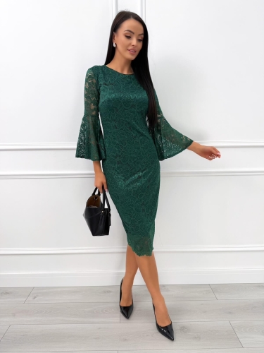 Zielona Koronkowa Sukienka Midi z Rozszerzanym Rękawem 14435-234-D