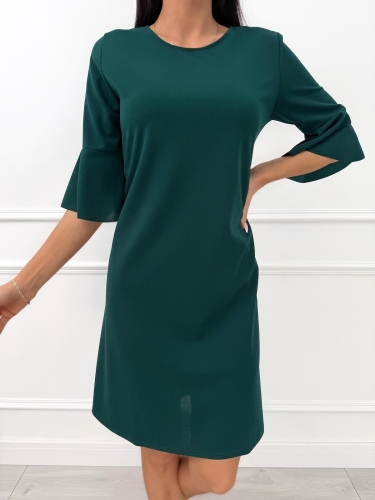 Ciemnozielona Elegancka Sukienka z Rozkloszowanym Rękawem 14250-297-A