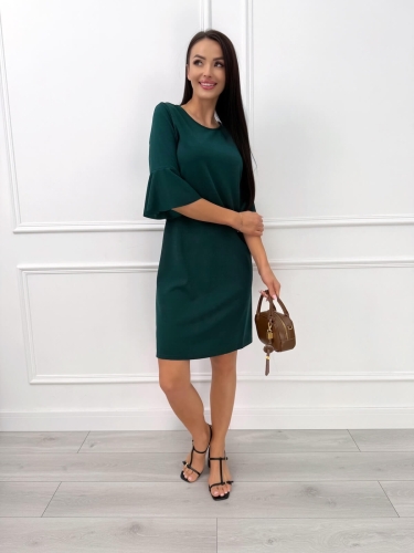 Ciemnozielona Elegancka Sukienka z Rozkloszowanym Rękawem 14250-297-A