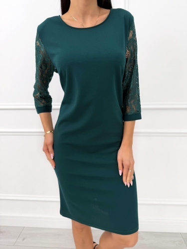 Ciemnozielona Klasyczna Sukienka z Koronkowym Rękawem 14390-26-B