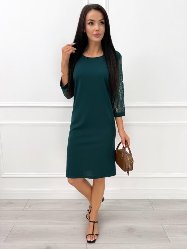 Ciemnozielona Klasyczna Sukienka z Koronkowym Rękawem 14390-26-B