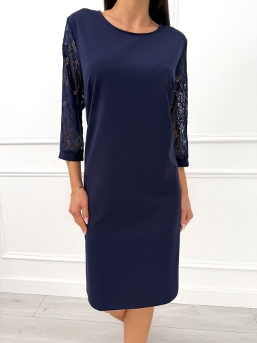 Granatowa Klasyczna Sukienka z Koronkowym Rękawem 14390-26-D