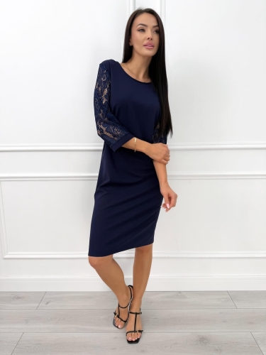 Granatowa Klasyczna Sukienka z Koronkowym Rękawem 14390-26-D
