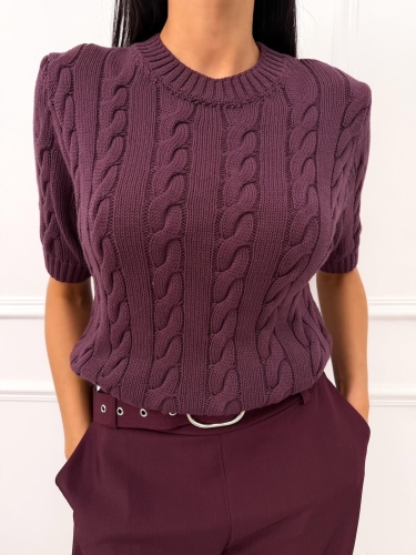 Burgundowy Sweterek z Warkoczowym Splotem  14464-260-C