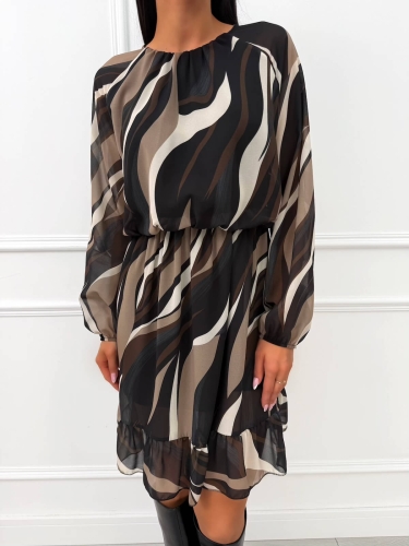 Brązowa Wzorzysta Sukienka z Falbanką 14415-326-A