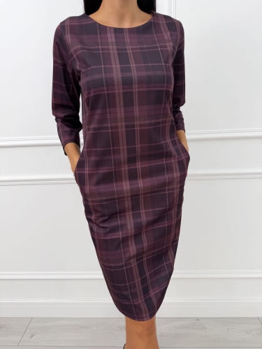 Burgundowa Klasyczna Sukienka w Kratę 14461-49-A
