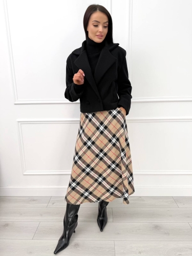 Beżowa Rozkloszowana Spódnica Midi w Kratę 14459-183-A