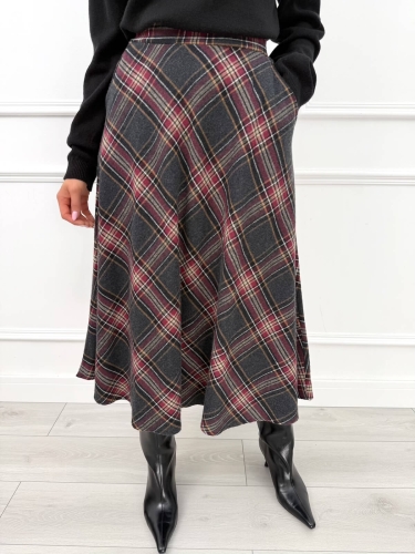 Grafitowa Rozkloszowana Spódnica Midi w Kratę 14459-183-B