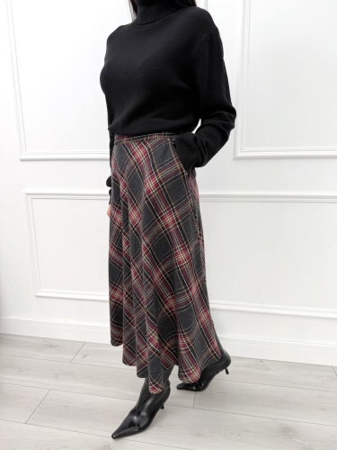 Grafitowa Rozkloszowana Spódnica Midi w Kratę 14459-183-B