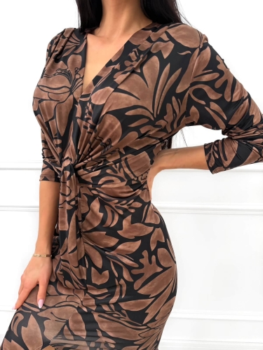 Czarno-Brązowa Sukienka ze Wzorem i Rozporkiem 12938-05-Q