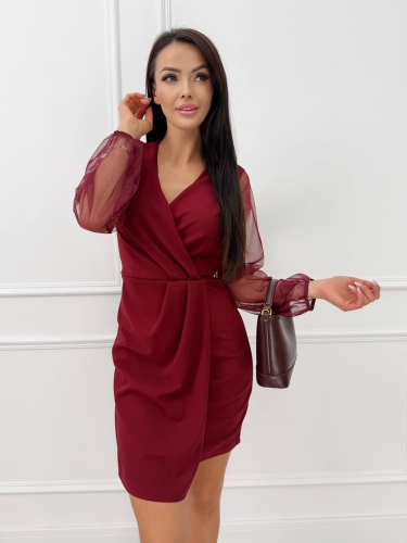 Bordowa Elegancka Sukienka z Połyskującymi Rękawami 14481-106-A