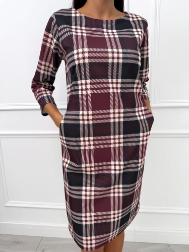 Bordowa Prosta Sukienka w Kratę 14460-529-A
