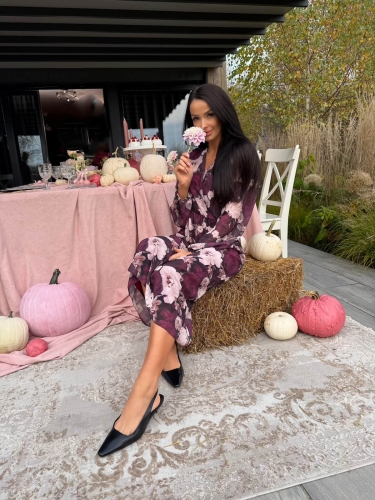 Bordowa Sukienka Midi w Kwiaty  14178-163-Q