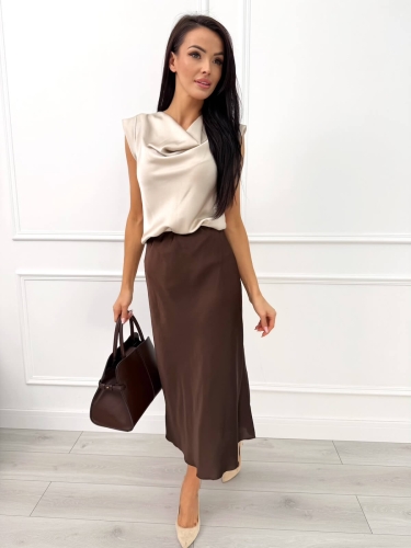 Brązowa Satynowa Spódnica Midi 14310-33-D