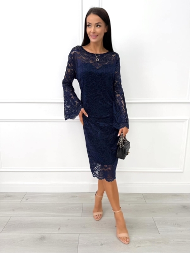 Granatowa Koronkowa Sukienka Plus Size z Rozszerzanymi Rękawami 14494-02-E