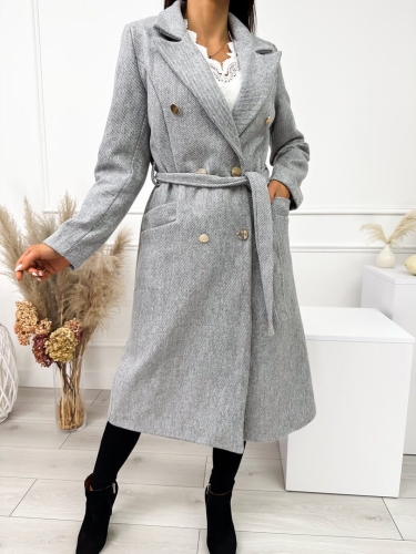 Szary Płaszcz z Guzikami i Paskiem 11044-339-C