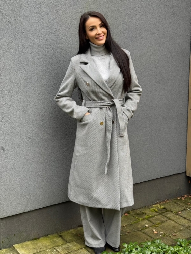 Szary Płaszcz z Guzikami i Paskiem 11044-339-C