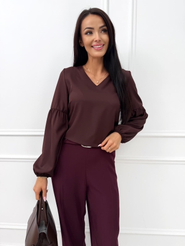 Ciemnobrązowa Elegancka Bluzka z Dekoltem V 14173-158-H