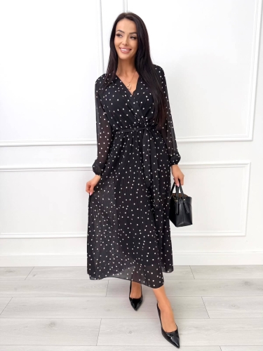 Czarna Plisowana Sukienka w Groszki 14314-191-D